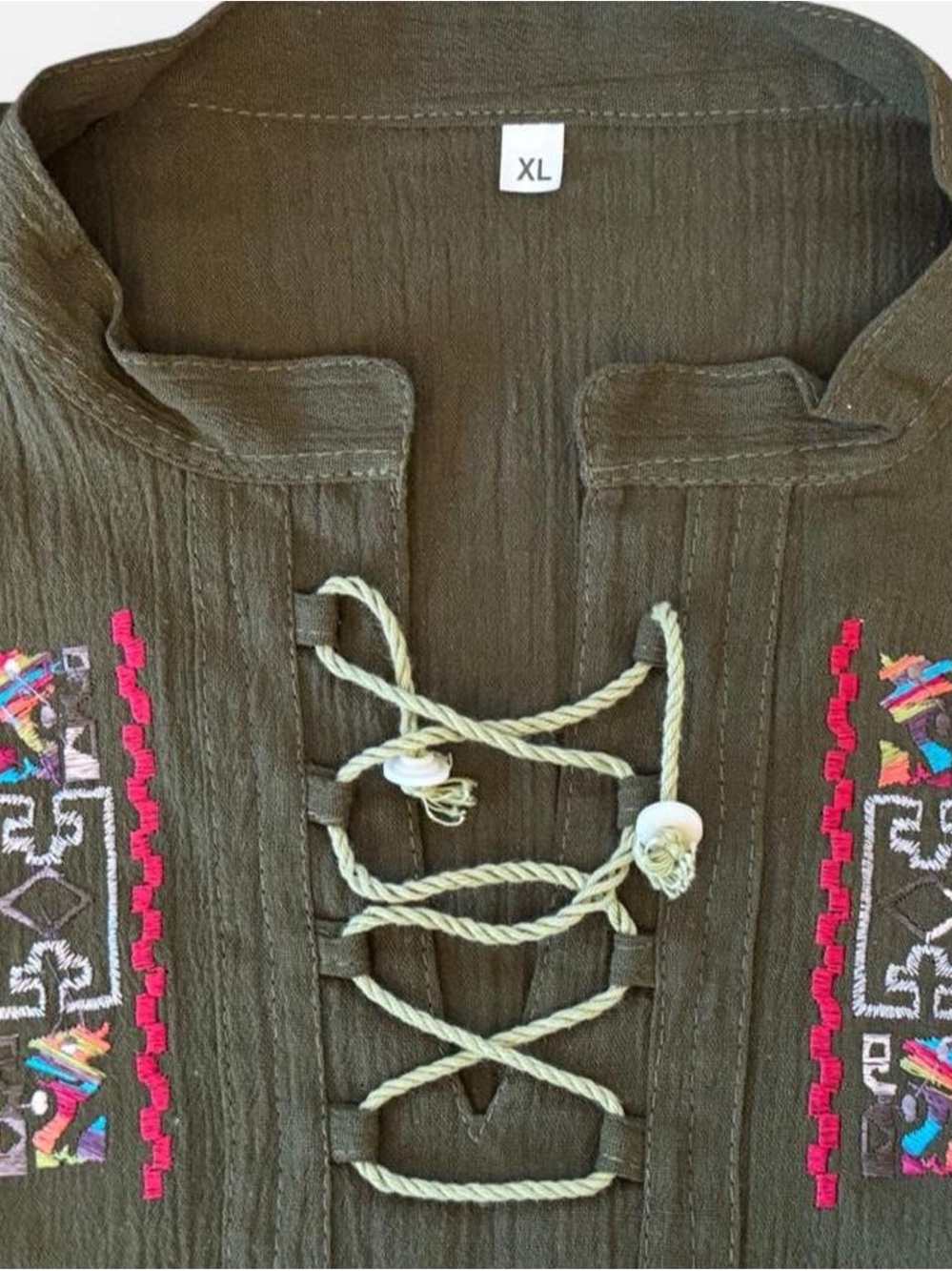 El Salvador Embroidered Lace-Up Shirt Men’s XL Olive Green